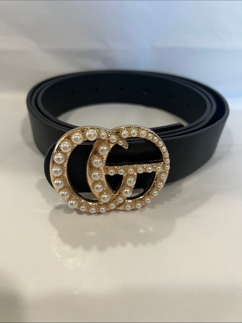 Gucci Black Leather Belt with Gold Pearl Double G Buckle
